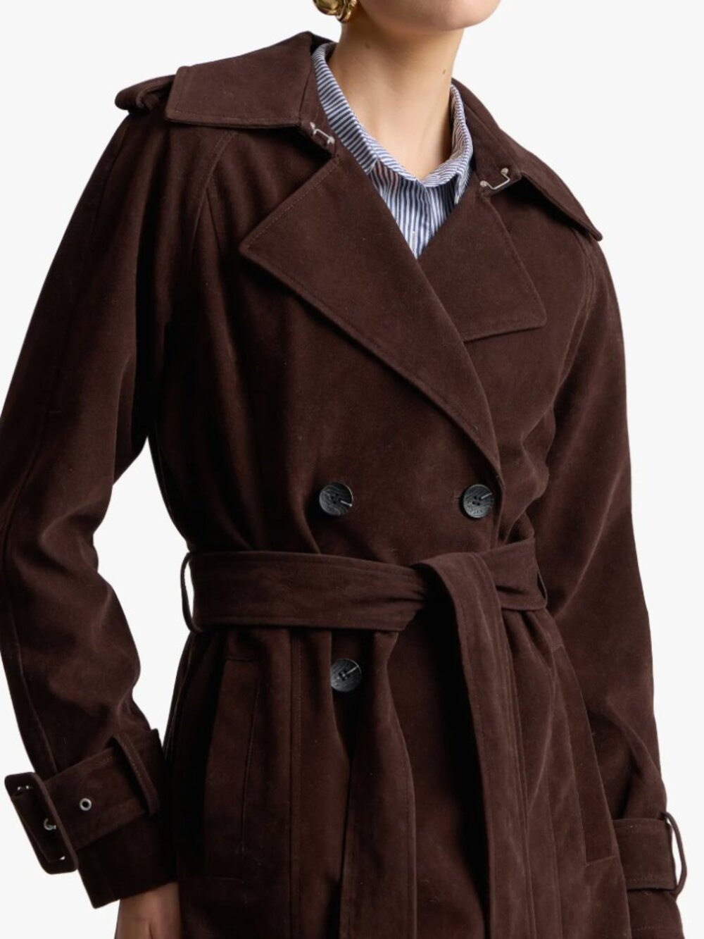 NWT Avec Les Filles Double Breasted Brown Faux Suede Maxi Trench Coat, Size L - Picture 2 of 9
